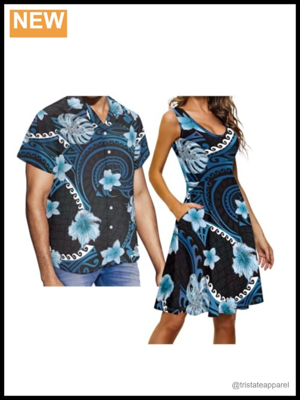 Couples Matching Hawaiian Outfit Polyester Shirt & Dress Set Button Down for